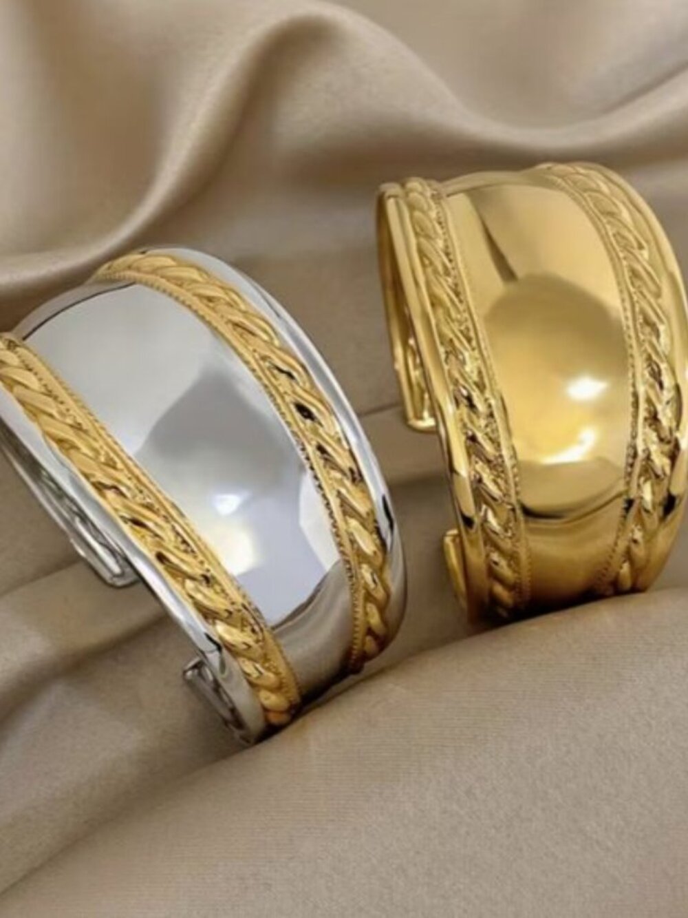 Luxury Elegant Twisted Wide Curved 18k Gold Plated Stainless Steel Open Bracelet - Picture 7 of 7